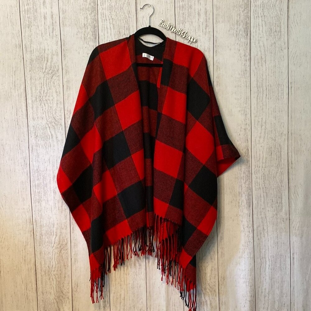 *Prep Obsessed Janice Apparel Cozy Red Buffalo Check Plaid Open Poncho